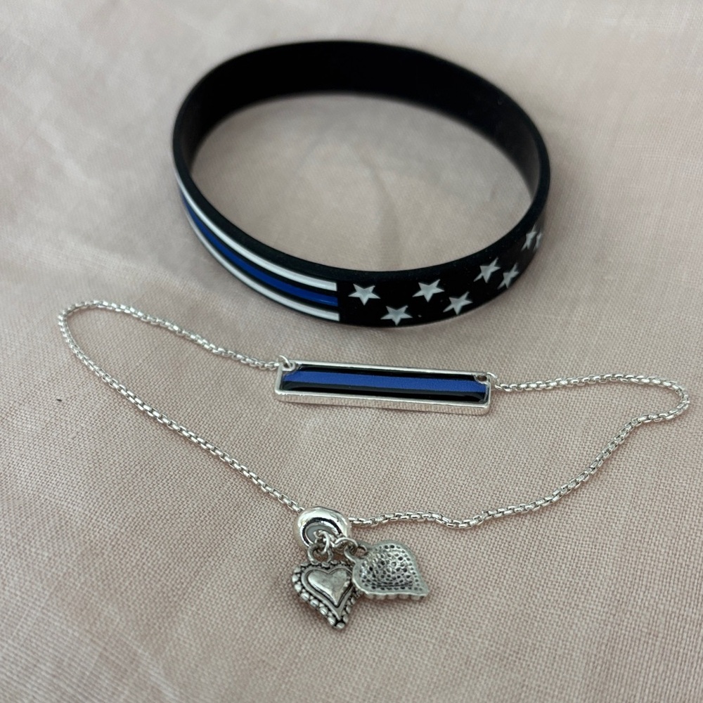 Thin Blue Line Black and Blue Bracelet Set with Heart Charms